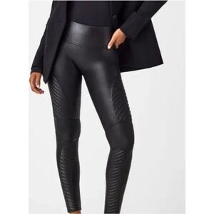 SPANX Black Faux Leather Moto Leggings, Women’s Medium Petite